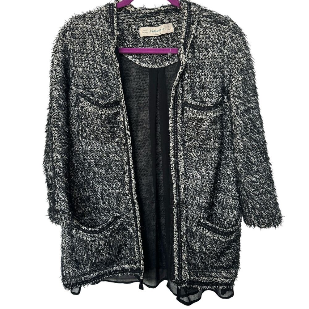 Zara Knit Open Front Unstructured Cardigan Sweater Black Women's Size Small